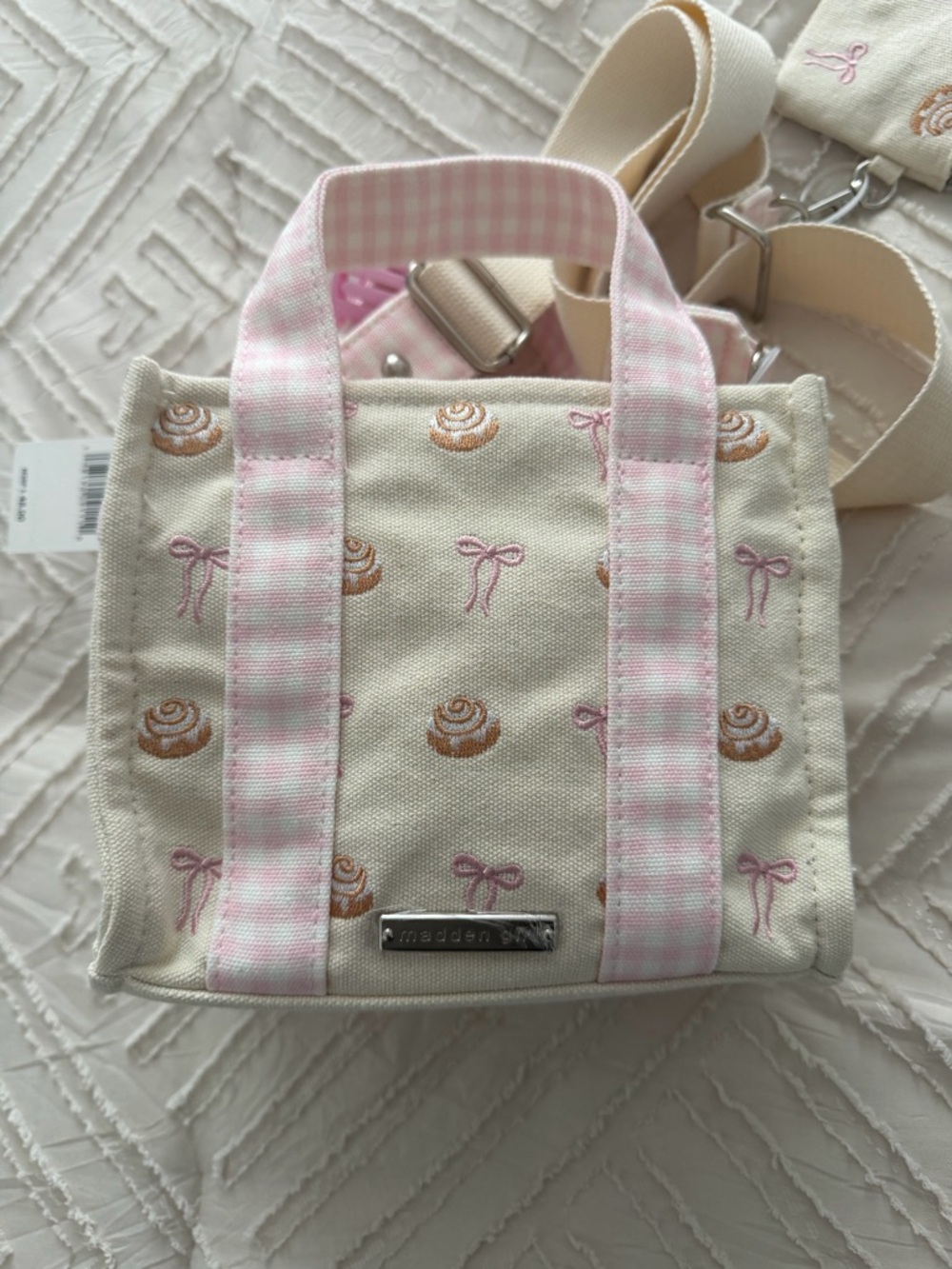 VIRAL Madden Girl embroidered cinnamon rolls & pink bows Canvas Crossbody Bag - Picture 5 of 8
